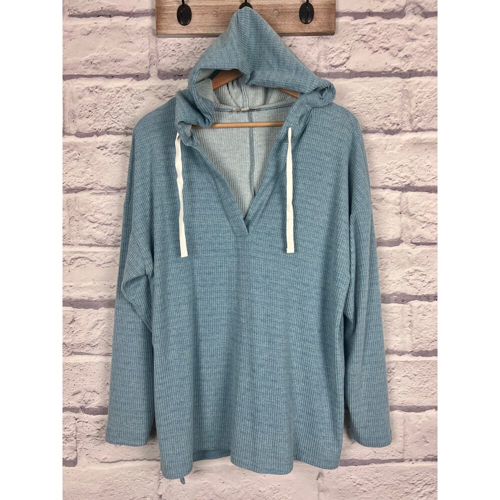 Loft Womens M Coastal Minimalist Lagenlook Soft Norm V-Neck Ribbed Knit Hoodie - Picture 3 of 10